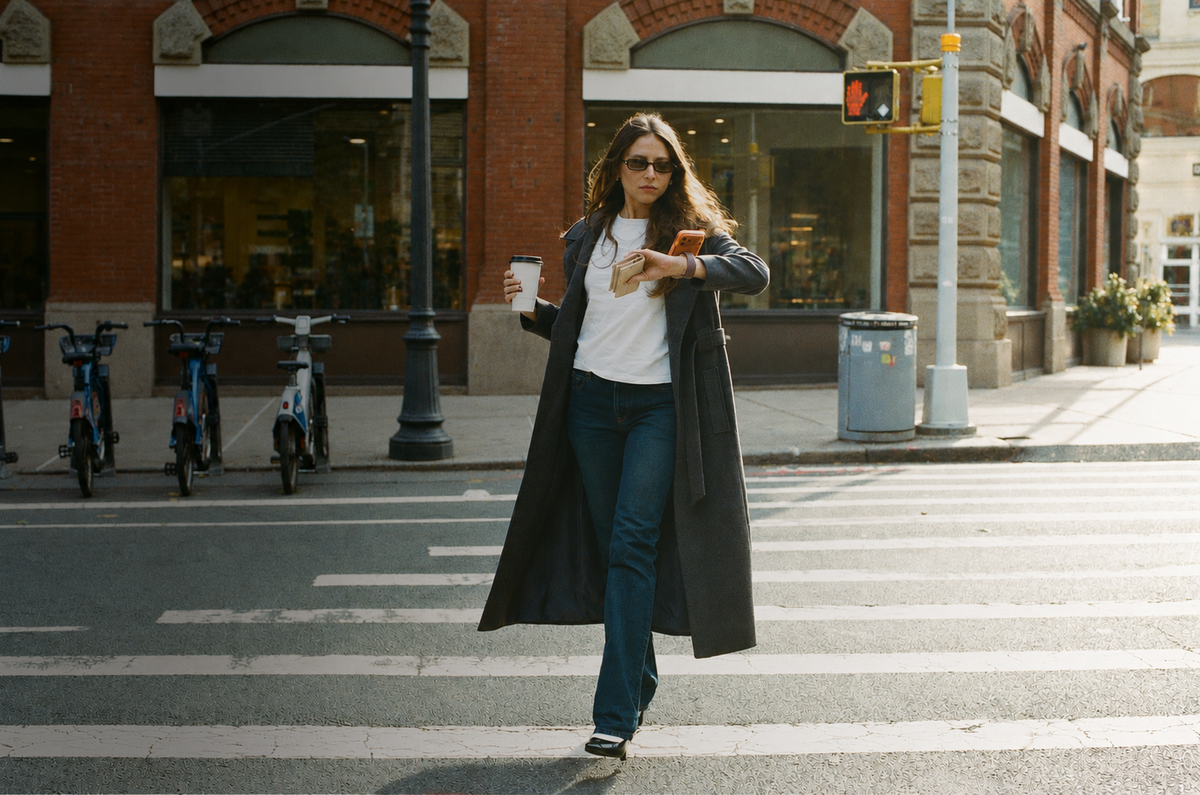 a woman crossing a new york street with a coffee, checking the phone on her wrist